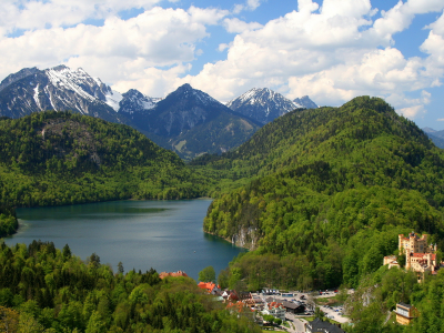 Германия, Schwangau, горы, лес, озеро, замок, дома, деревья, панорама