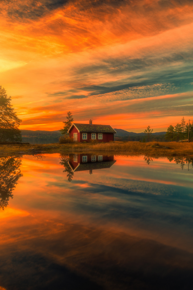 Ringerike, Norway, Рингерике, Норвегия, озеро, отражение, дом, облака, деревья