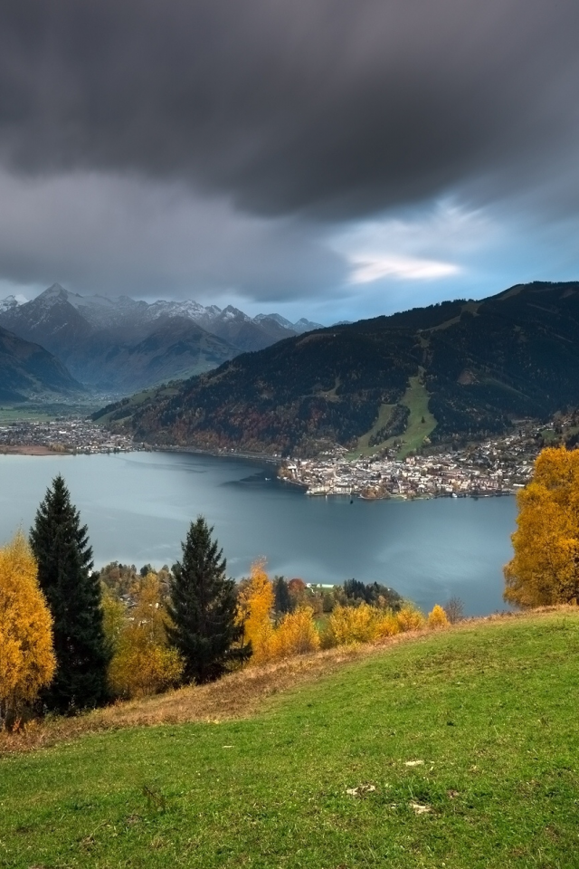 Lake Zell, Zell am See, Austria, Alps, озеро Целлер Зее, Целль-ам-Зее, Австрия, Альпы, озеро, горы, осень, деревья, панорама