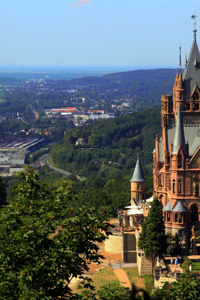 Германия, Drachenburg, замок, панорама, река, дома, деревья