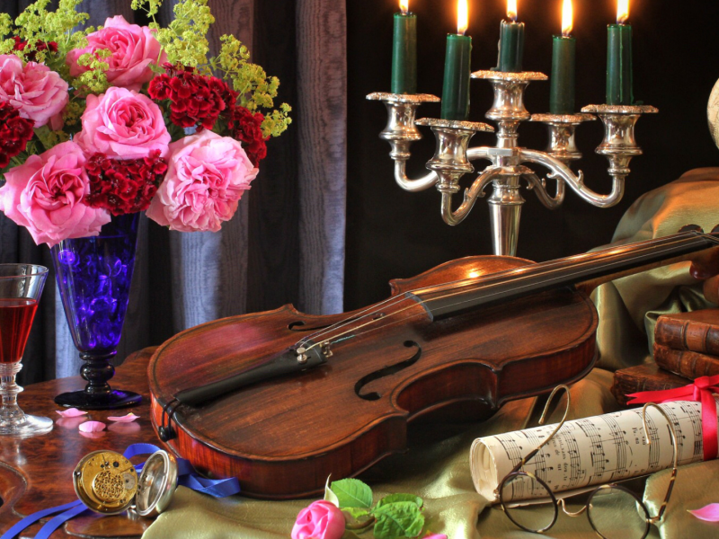 скрипка, цветы, очки