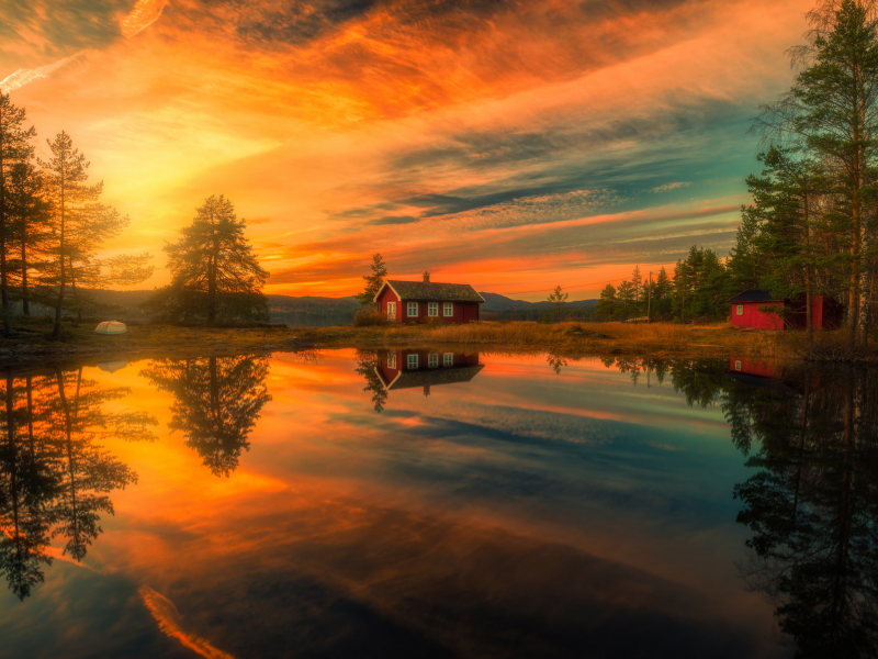 Ringerike, Norway, Рингерике, Норвегия, озеро, отражение, дом, облака, деревья