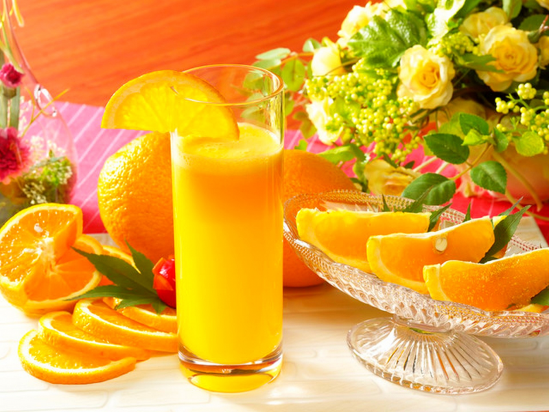 апельсиновый сок, стакан, лимон, апельсин