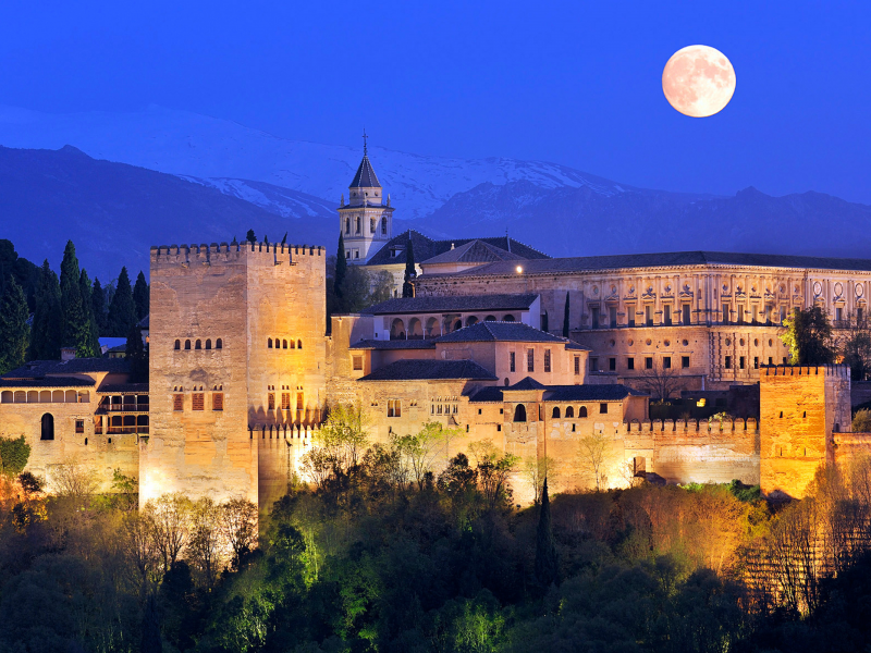 Альгамбра, Гранада, Испания, замок, крепость, горы, деревья, небо, ночь, луна, огни, пейзаж, Alhambra, Granada, Espana, castle