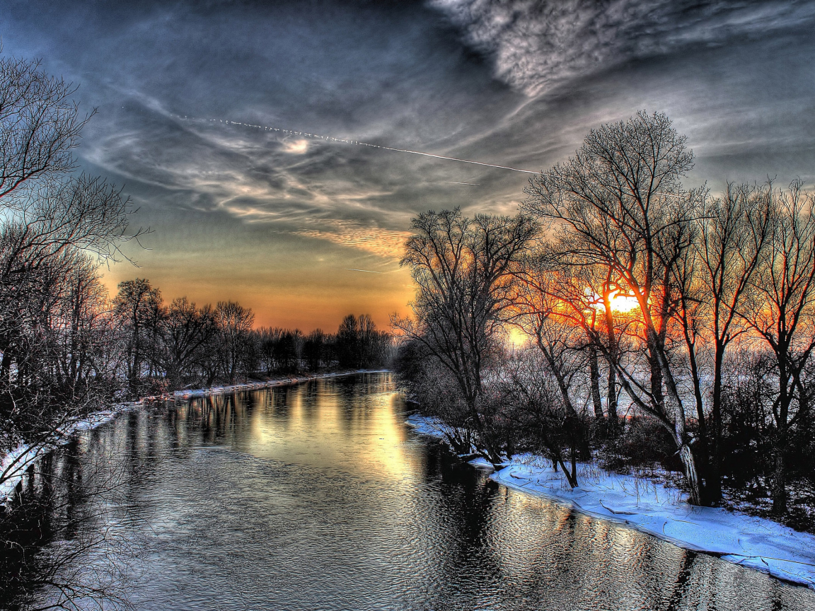 река, деревья, зима, снег, закат