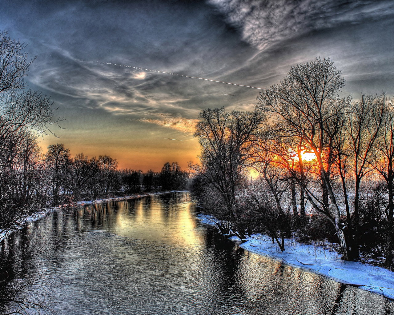 река, деревья, зима, снег, закат