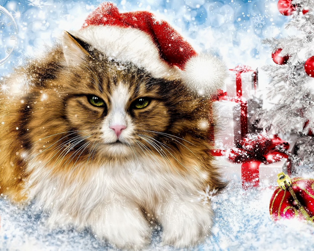 кот, ель, ёлка, снег, новый год, открытка, рождество, часы, новый, год, украшения, шары, подарокска, каре