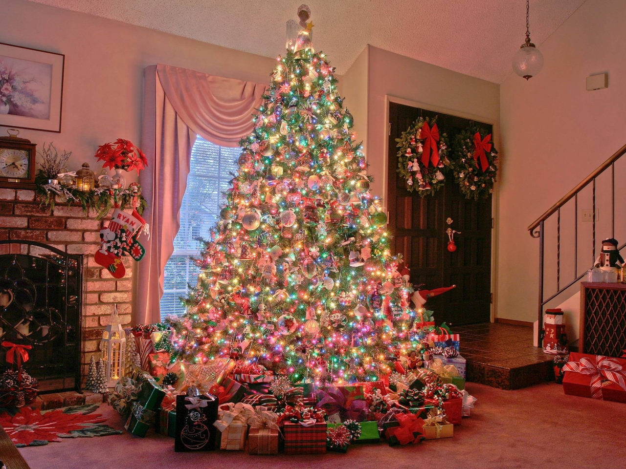 рождество, елка, праздник, новый год, игрушки, камин, красота