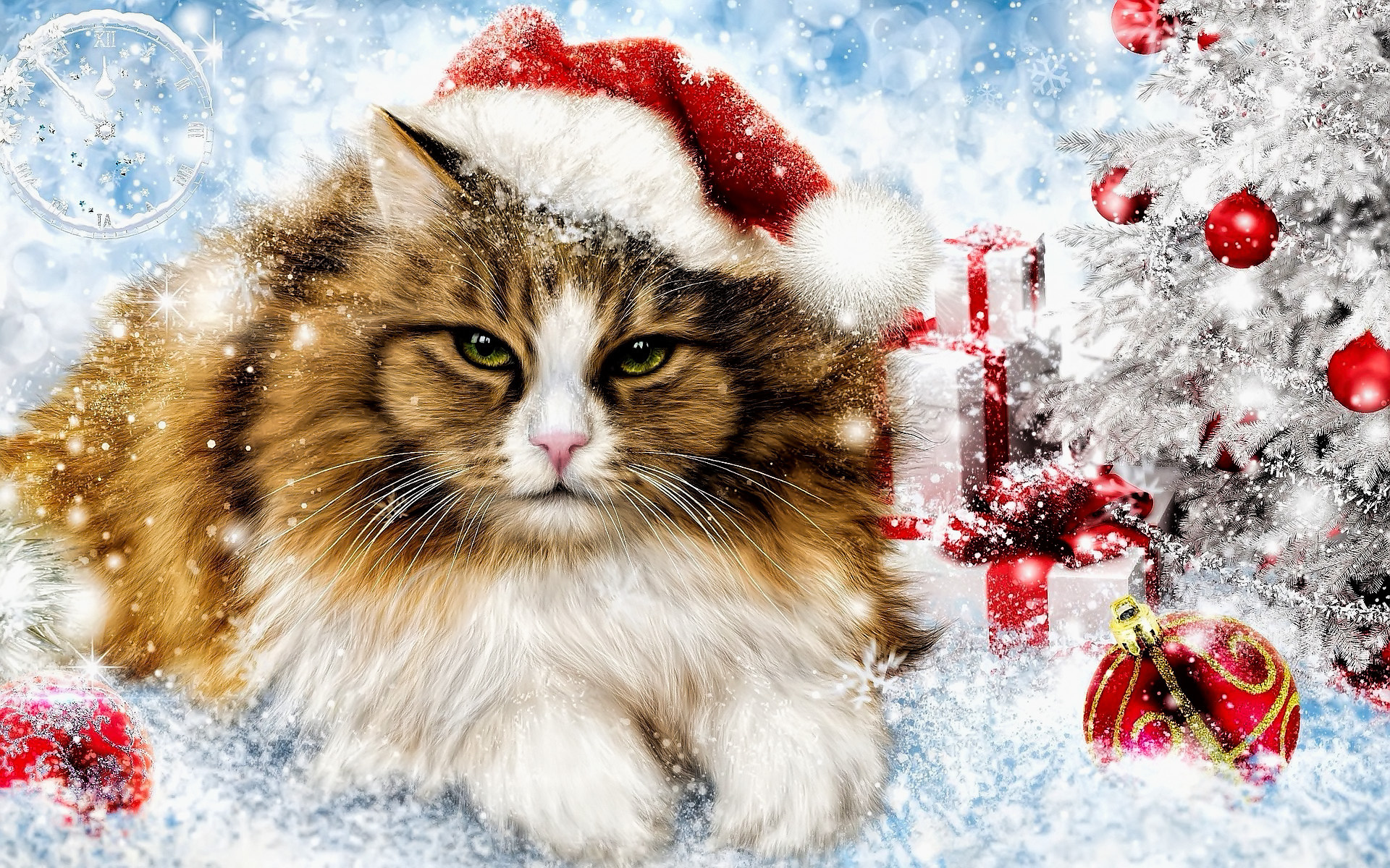 кот, ель, ёлка, снег, новый год, открытка, рождество, часы, новый, год, украшения, шары, подарокска, каре