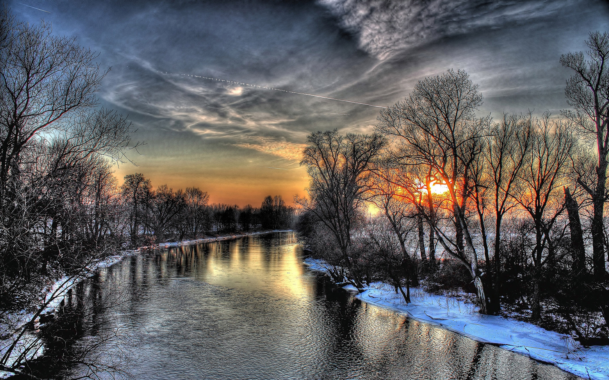 река, деревья, зима, снег, закат