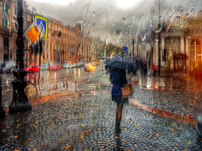 осень, город, улица, дождь, девушка, зонтик