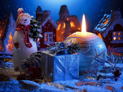 новый год, огни, праздник, снег, зима, рождество, свеча, снеговик