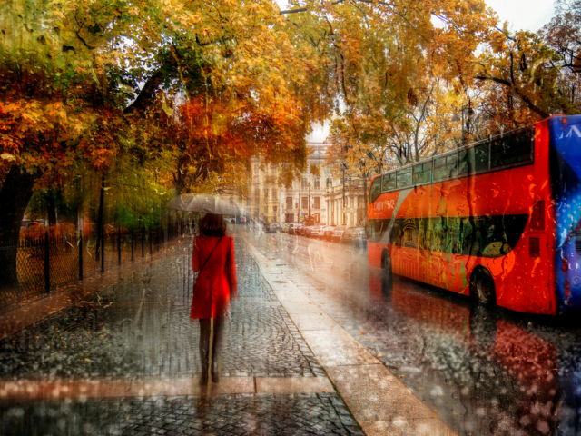 осень, город, улица, автобус, дождь, прохожие, зонтик