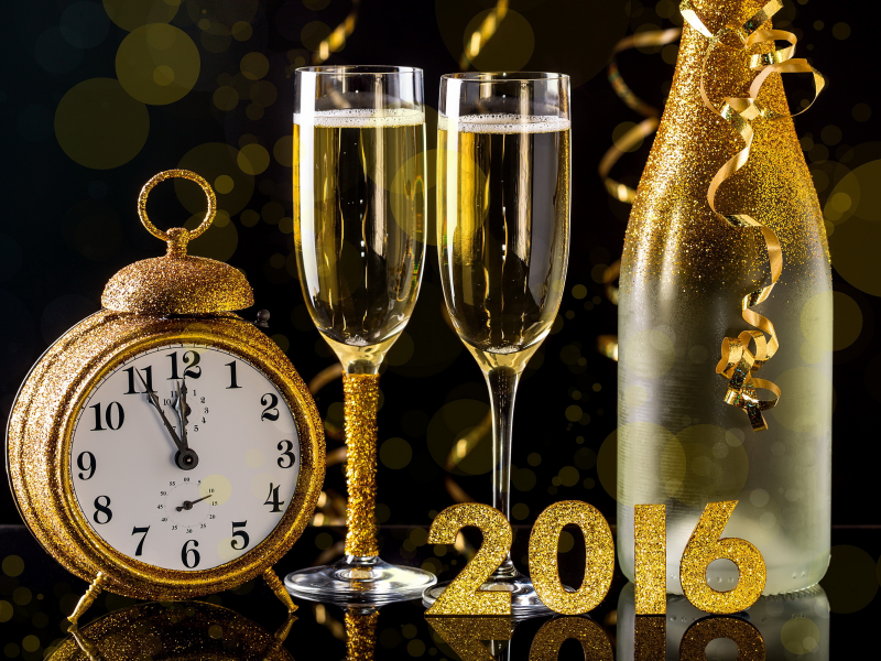 часы, 2016, новогодние обои, шампанское, бокалы, бутылка