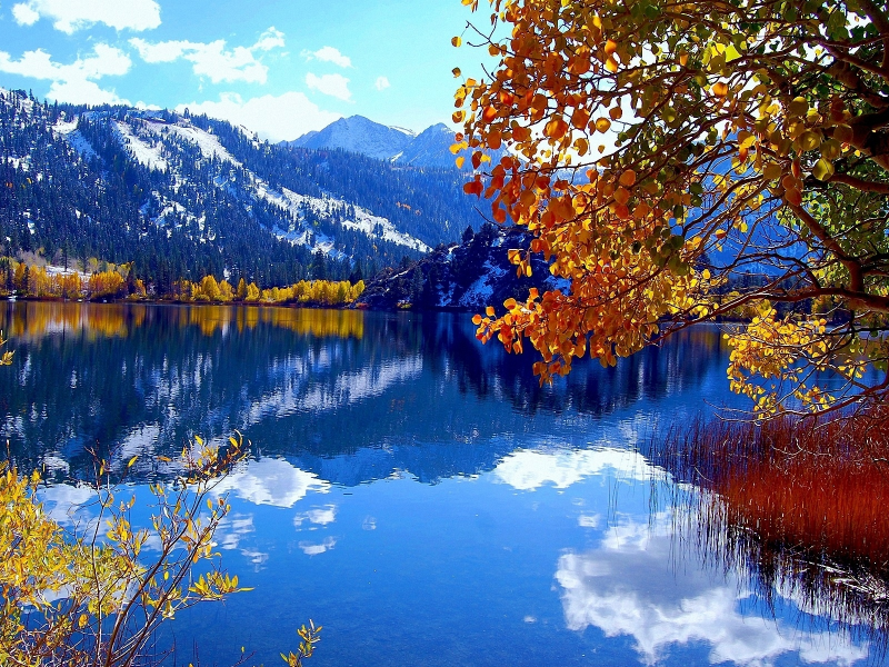 осень, озеро, лес, горы, снег.