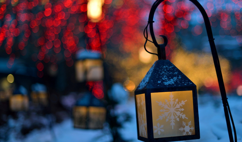 огни, фонарики, снежинки, зима, боке, фонари, природа