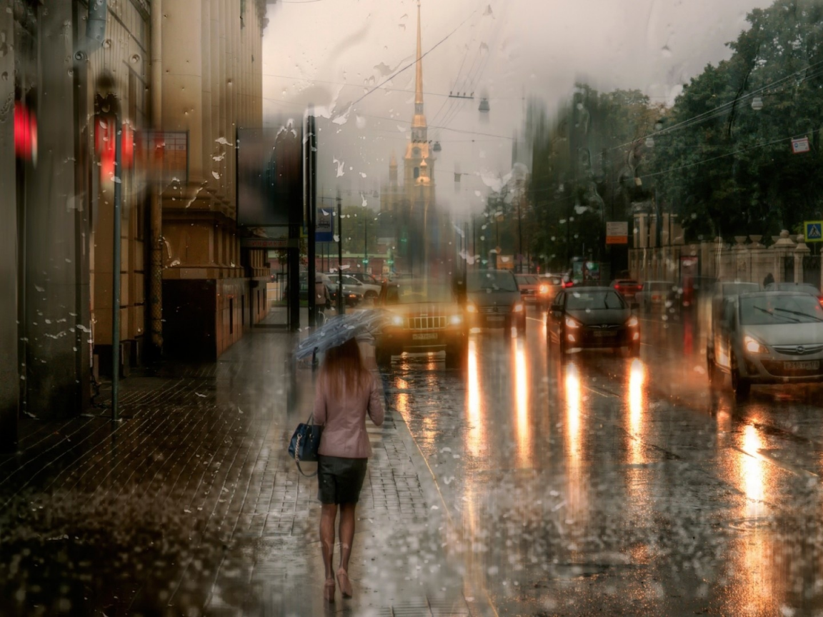 девушка, город, дождь, ливень, зонт, джип, вода, улица, пешеход, идет