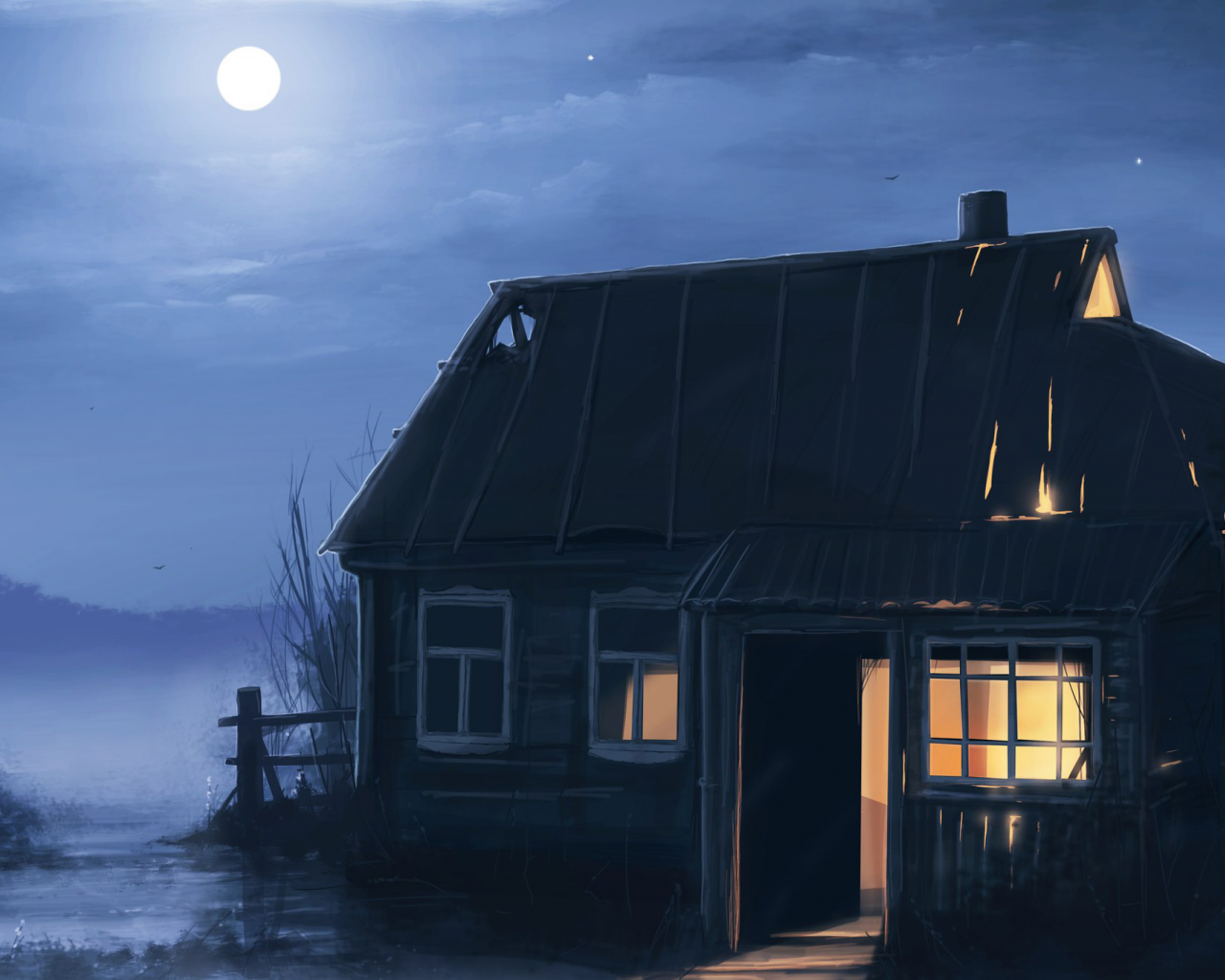 луна, ночь, пустош, дерево, арт, дом