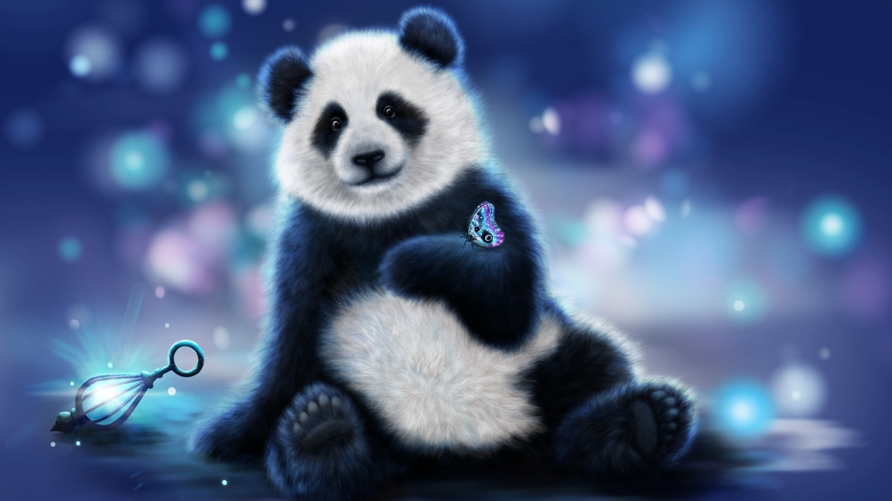 панда, бабочка, медведь, цвета, фон, фонарь, свет, мотылек