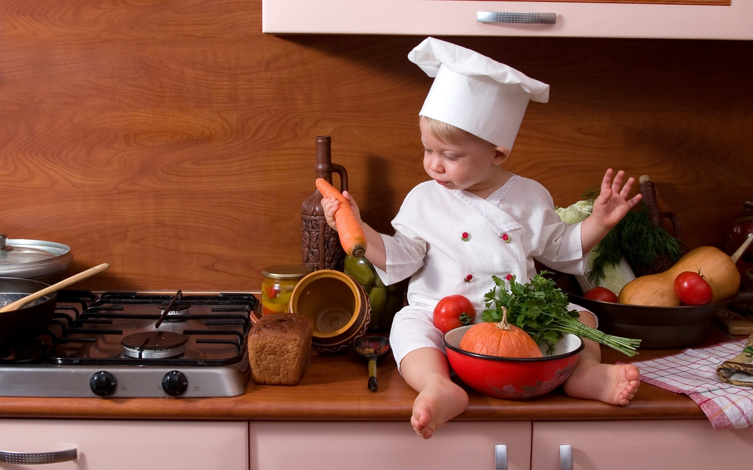 carrot, cook, tomato, kitchen, vegetables, ребёнок, child, pumpkin, stove, bread, parsley