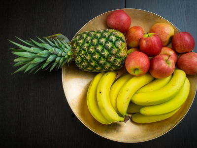 тарелка, яблоки, банан, полезное, еда, фрукты, ананас