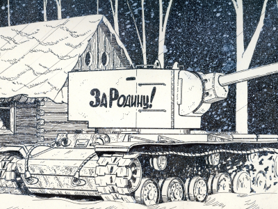 зима, деревья, изба, кв-2, снег, танк, рисунок, война