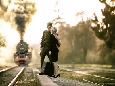 прощание, поезд, солдат, девушка, чемодан, война, пилотка, поцелуй, дорога, железная дорога, любовь
