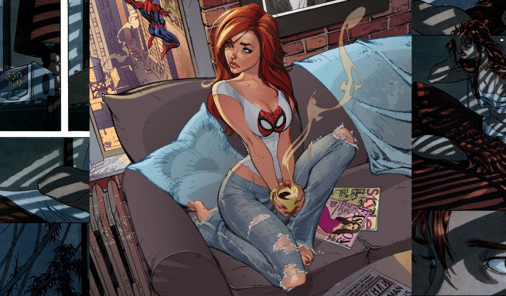 mary jane watson, рыжая, человек паук, девушка, комикс , арт