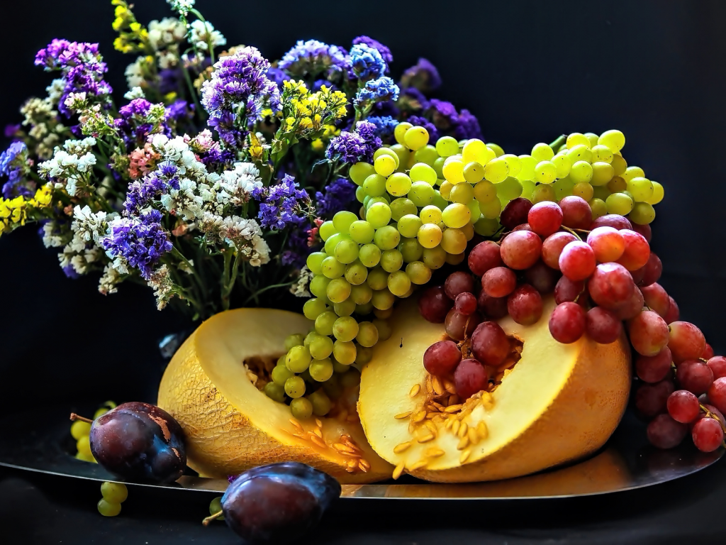 виноград, тыква, сливы, букет, цветы, натюрморт, дыня, фрукты, еда, блюдо, косточки