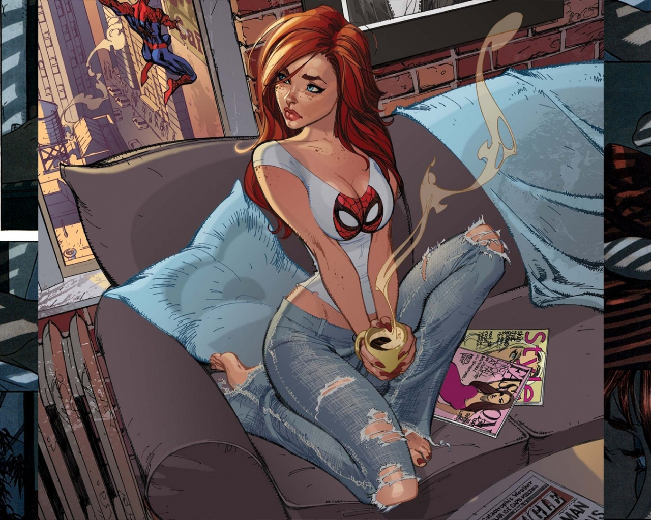 mary jane watson, рыжая, человек паук, девушка, комикс , арт