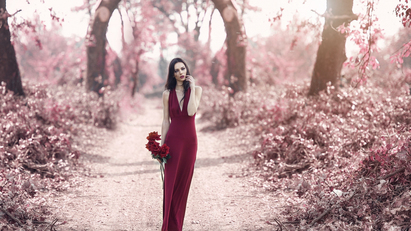 модель, красное платье, платье, розы, цветы, дорога, осень, настроение, стиль