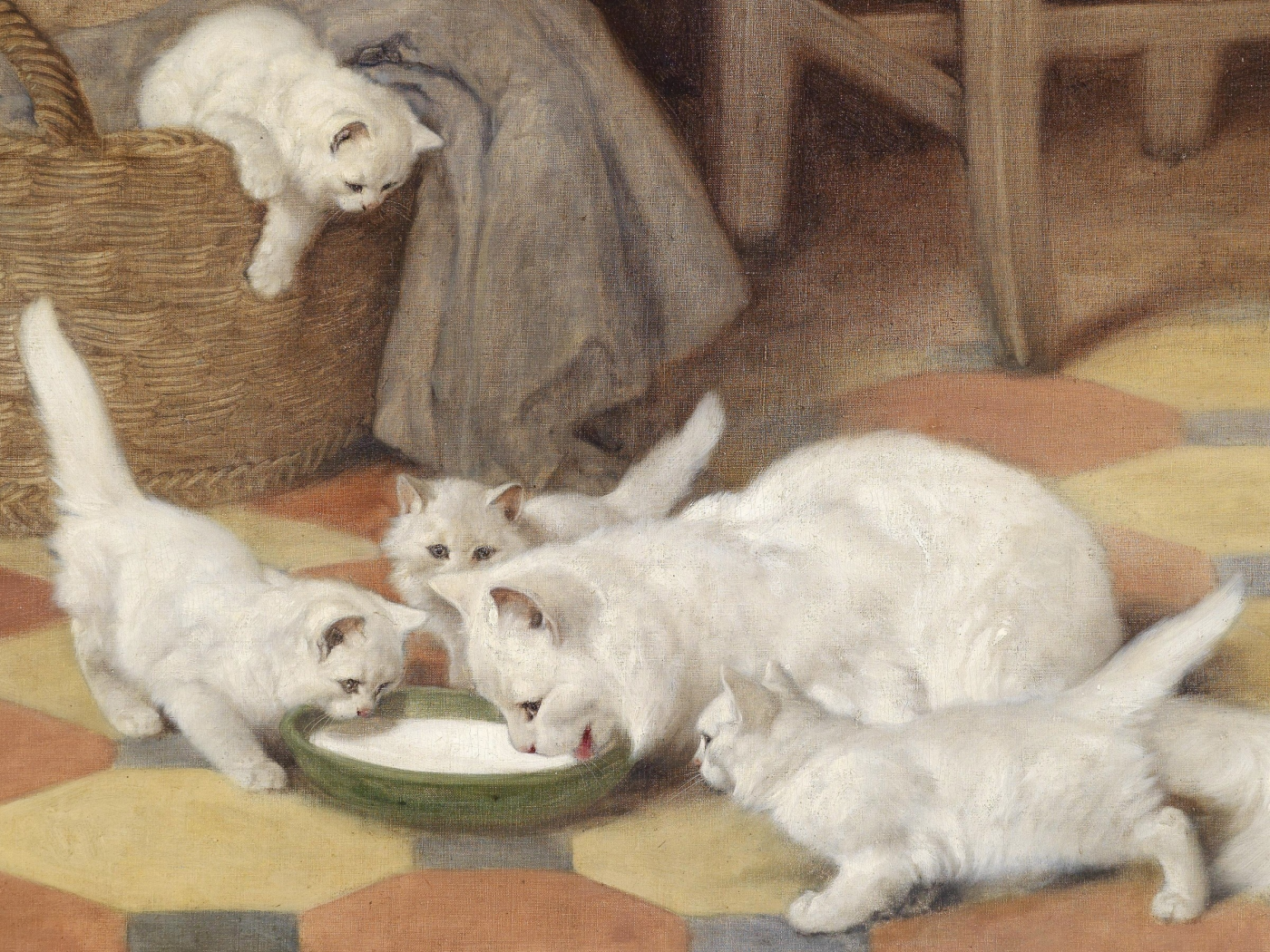 кошка, арт, картина, белая, пушистая, семья, котята