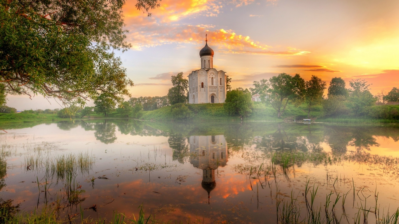 церковь, водоем, крест, вера, озеро, восход, лето, вода