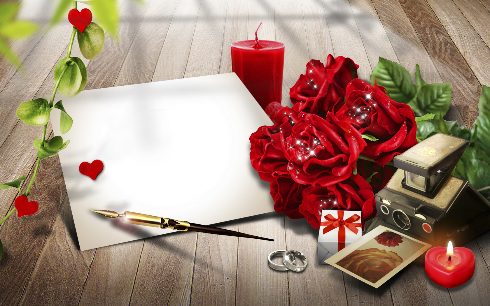 розы, лист, бумаги, свечи, ручка, кольца