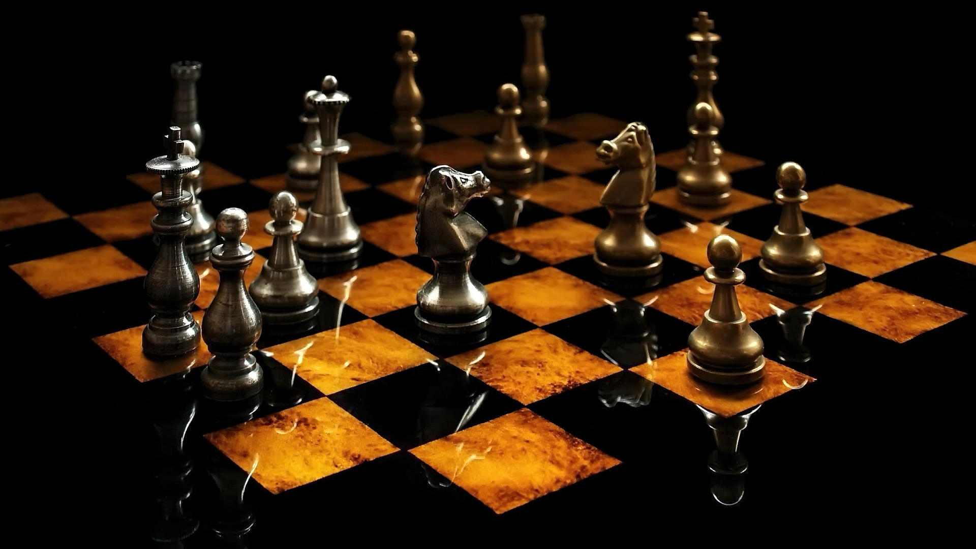 игра, шахматы, доска, фигуры, конь, пешка, отражение, свет, ферзь, король