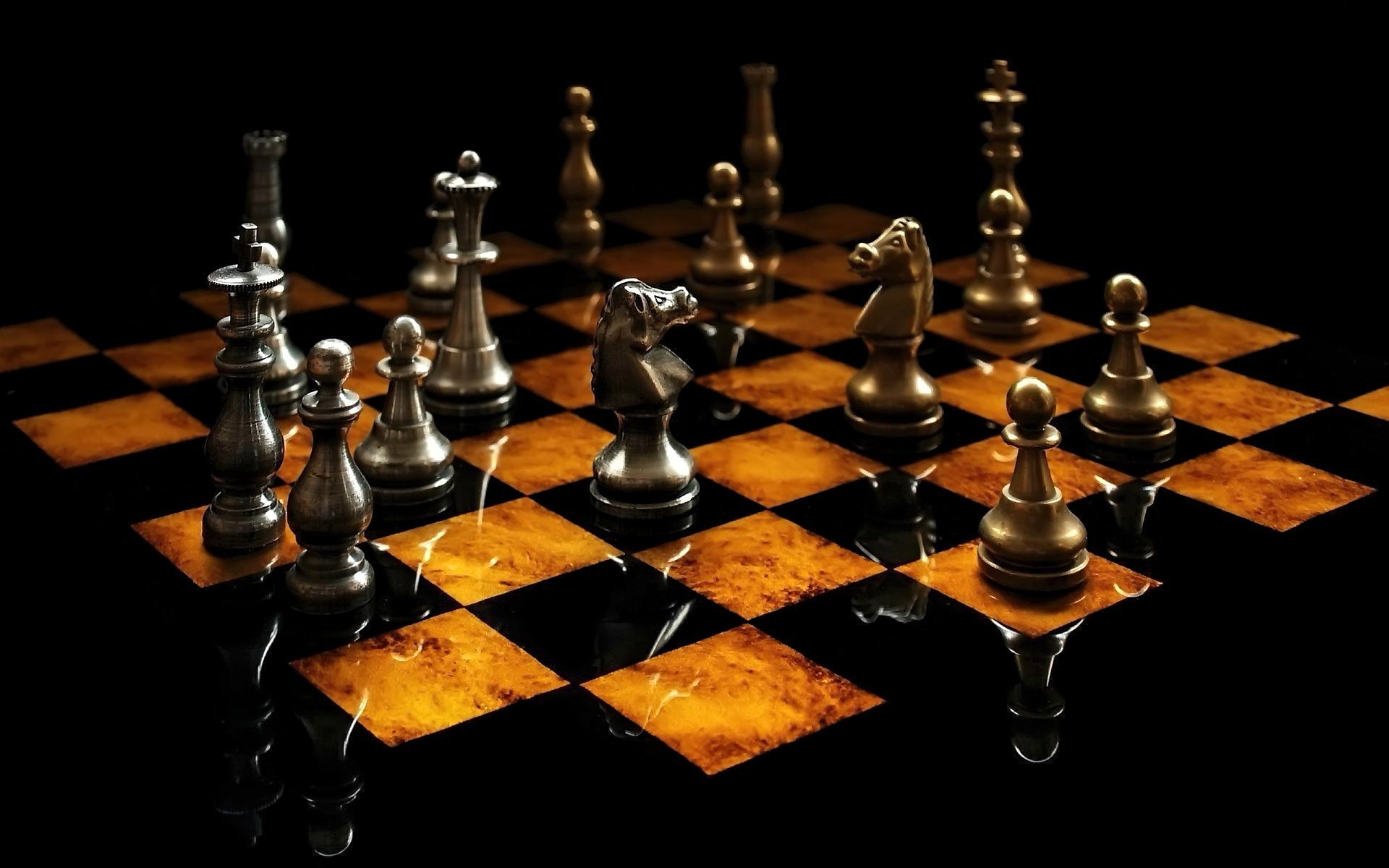 игра, шахматы, доска, фигуры, конь, пешка, отражение, свет, ферзь, король