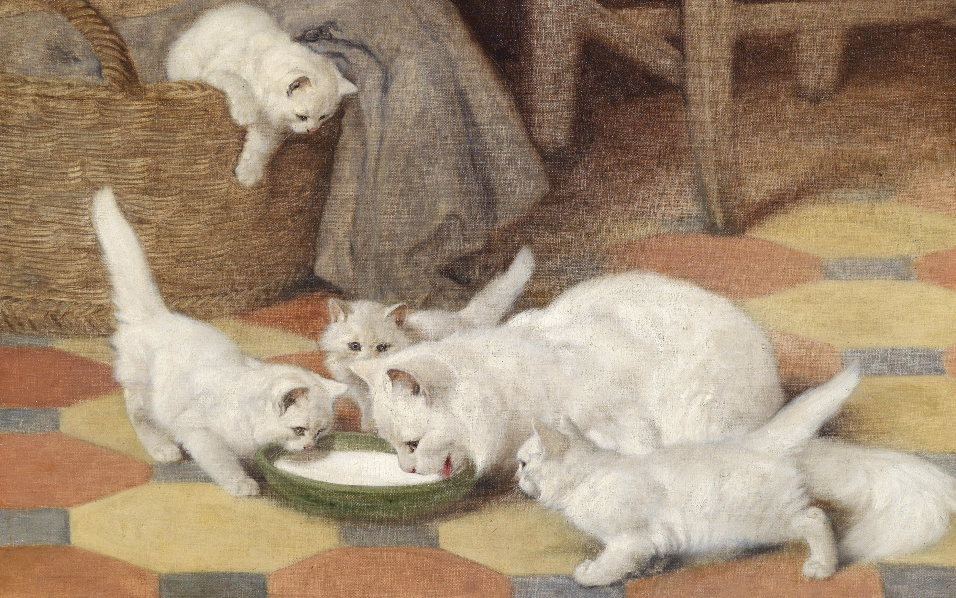 кошка, арт, картина, белая, пушистая, семья, котята