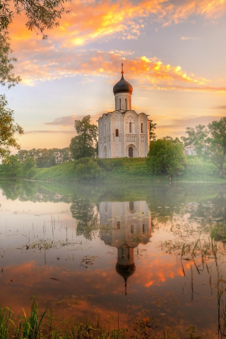 церковь, водоем, крест, вера, озеро, восход, лето, вода