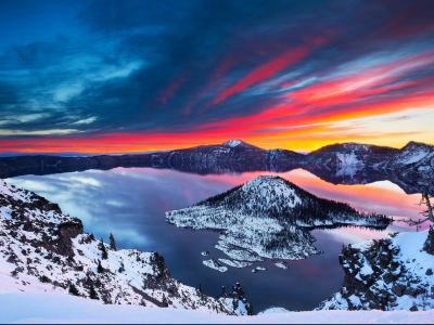 озеро, закат, небо, crater lake