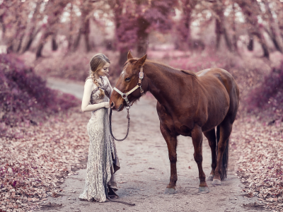 девушка, платье, лошадь, конь, дорога, осень, настроение