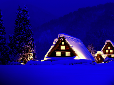 домики, горы, свет, дома, деревья, ели, снег, зима