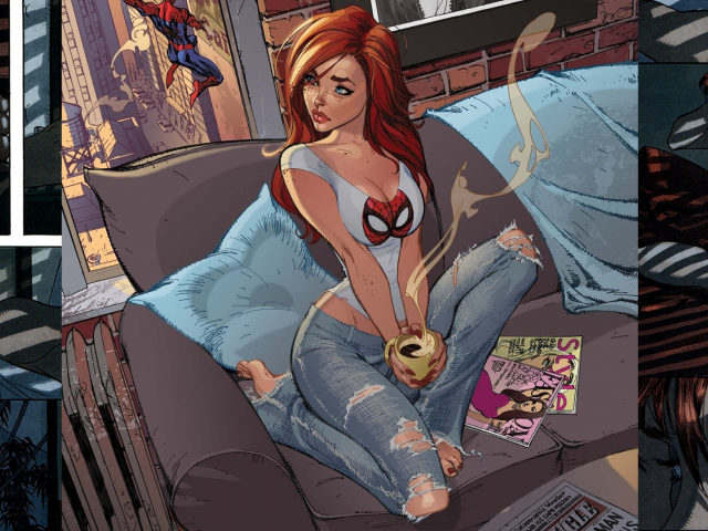 mary jane watson, рыжая, человек паук, девушка, комикс , арт