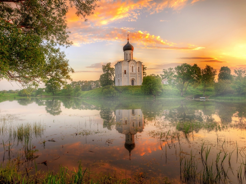 церковь, водоем, крест, вера, озеро, восход, лето, вода