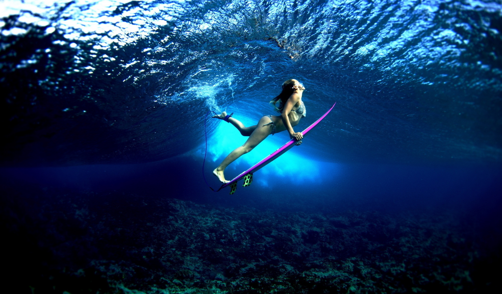 девушка, вода, море, доска, серфинг