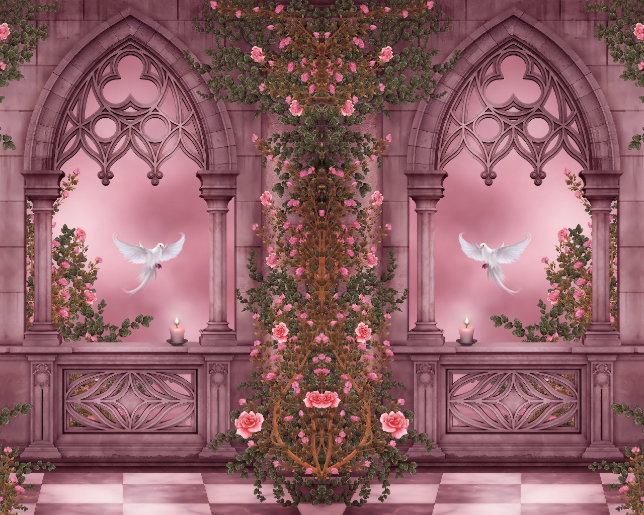 doves, roses, columns, arches, pigeons, flowers, candles, garlands, rose garden