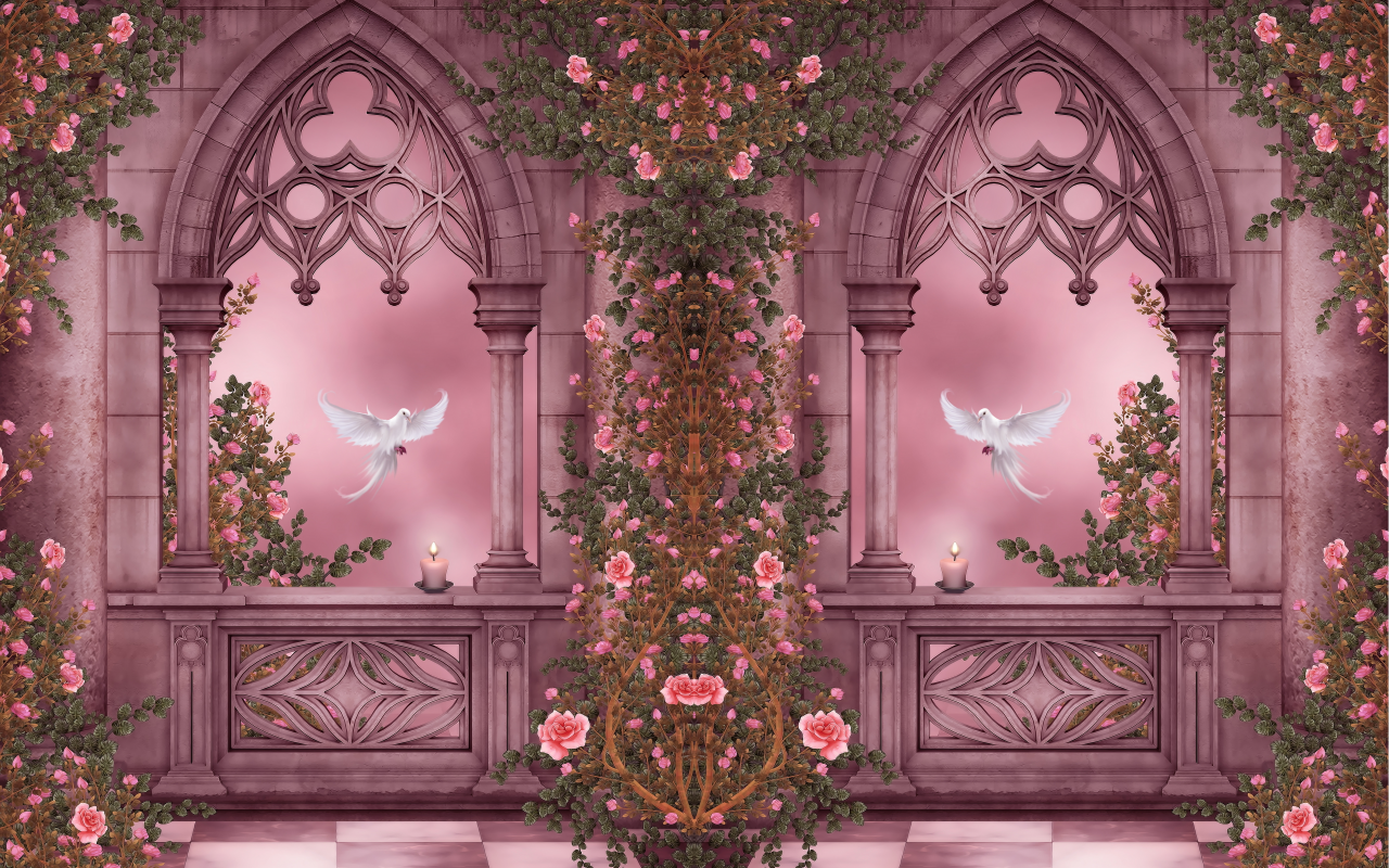 doves, roses, columns, arches, pigeons, flowers, candles, garlands, rose garden