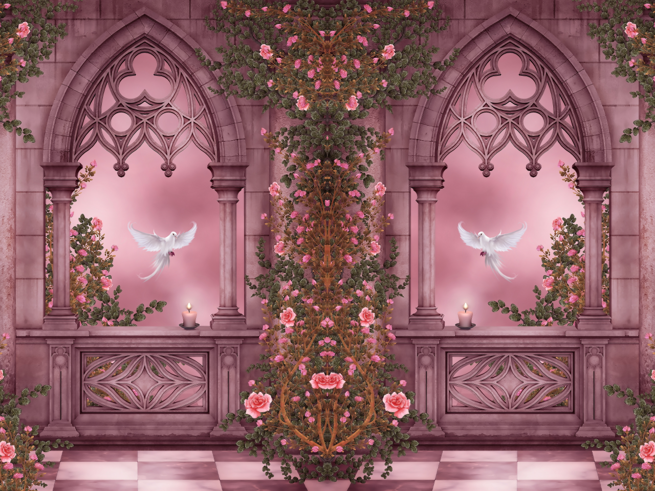 doves, roses, columns, arches, pigeons, flowers, candles, garlands, rose garden