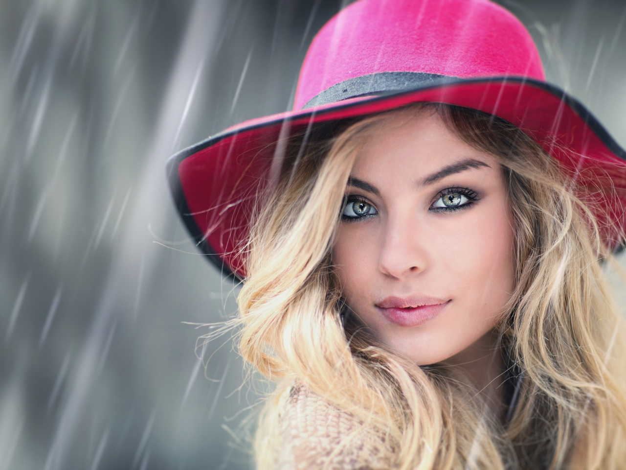 блондинка, шляпа, дождь, портрет
