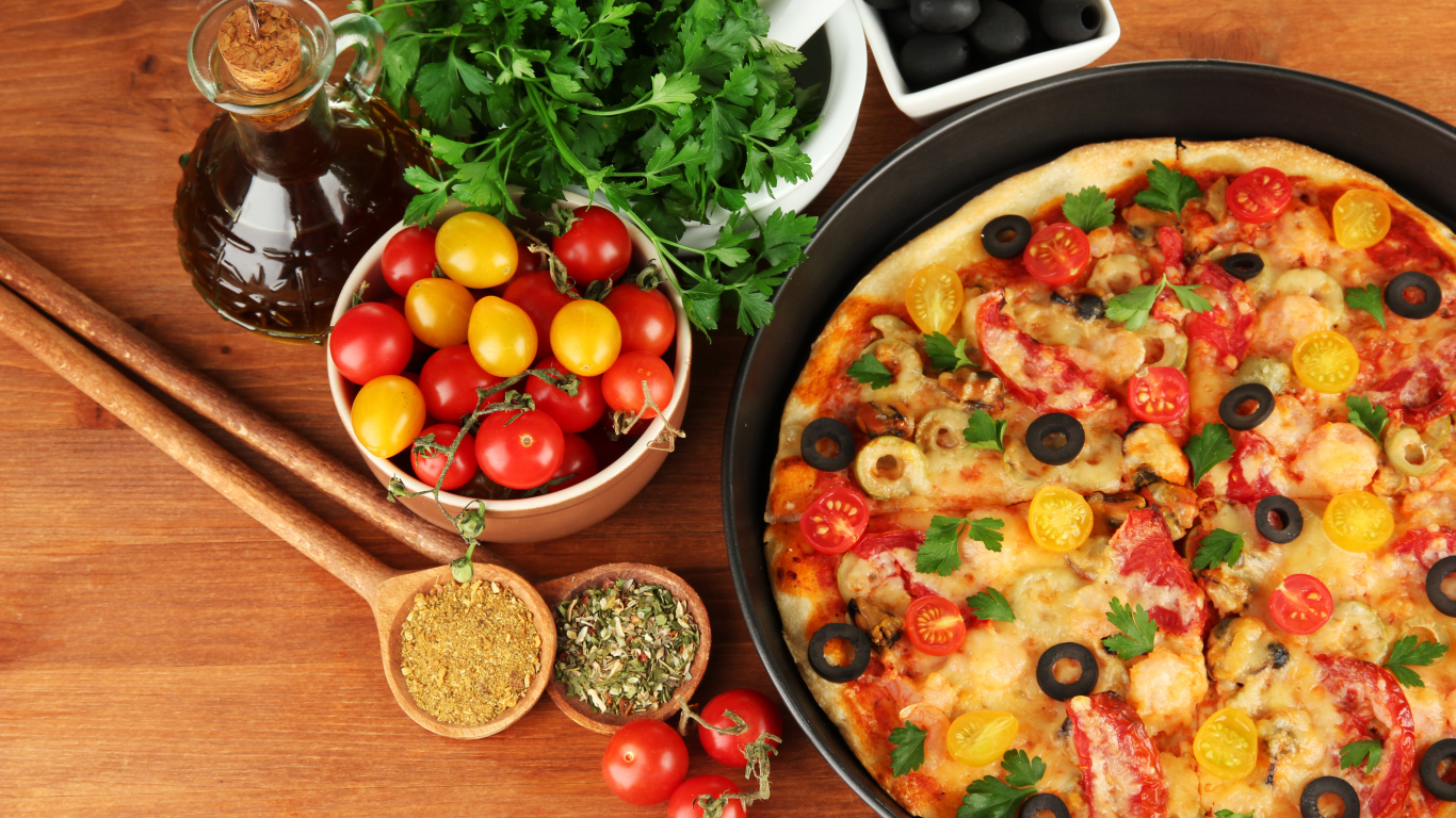 маслины, еда, пицца, помидоры, оливки, блюдо, петрушка