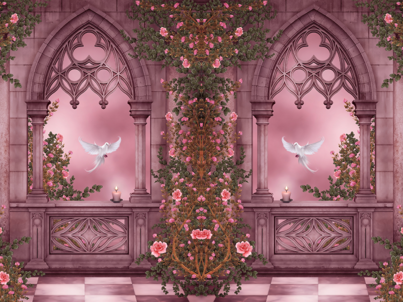 doves, roses, columns, arches, pigeons, flowers, candles, garlands, rose garden